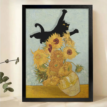 Playful Cat Knocking Over Sunflowers Canvas - Van Gogh Inspired Art|W1165