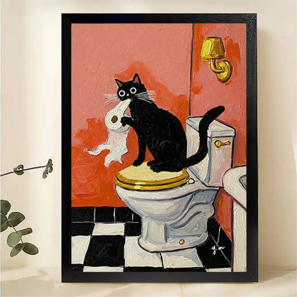 Funny Cat Bathroom Wall Art - Black Cat with Toilet Paper Print|W1226