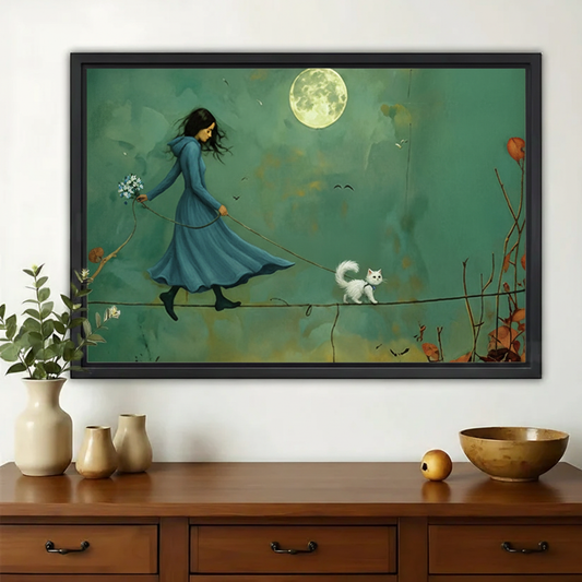 Girl Walking White Cat Under Full Moon Wall Art – Whimsical Teal Fantasy Canvas Print on Natural Wood Frame | W2141