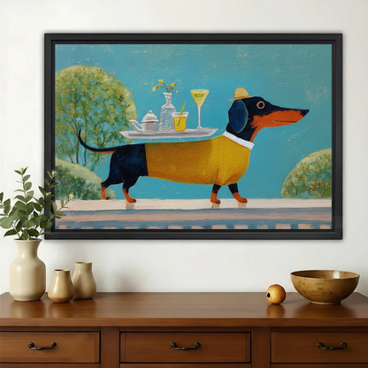 Dachshund Waiter with Cocktail Tray Wall Art – Whimsical Garden Party Canvas Print on Natural Wood Frame | W2184