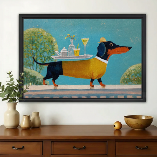 Dachshund Waiter with Cocktail Tray Wall Art – Whimsical Garden Party Canvas Print on Natural Wood Frame | W2184