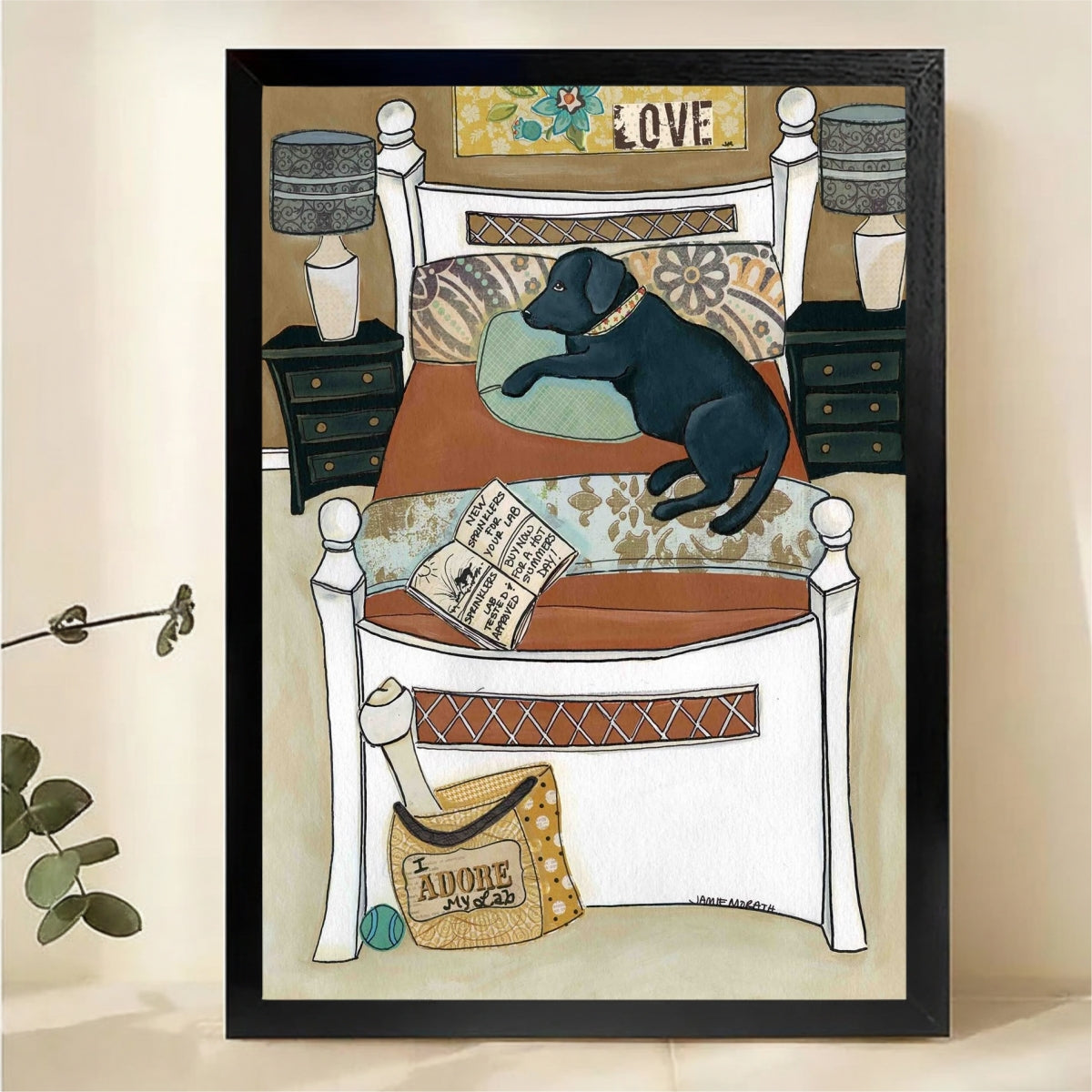 Black Lab on Bed Wall Art - Cozy Dog Home Canvas Print|W1344