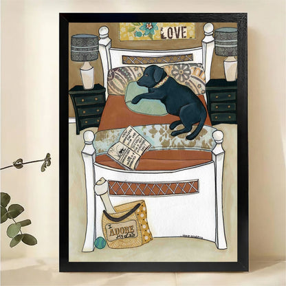 Black Lab on Bed Wall Art - Cozy Dog Home Canvas Print|W1344