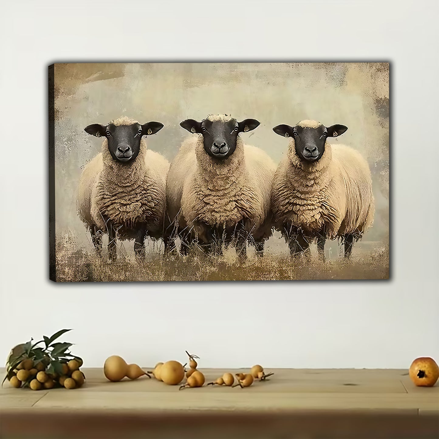 Three Flock Sheep – Countryside Farm Animal Wall Art on Natural Wood Canvas | W508