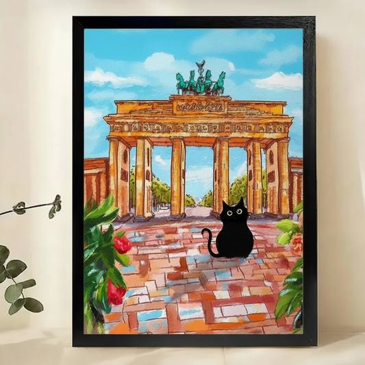 Black Cat at Brandenburg Gate Wall Art – Whimsical Travel Cat Canvas Print on Natural Wood Frame | W2105
