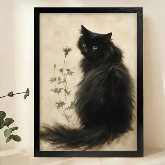 Fluffy Black Cat with Wildflowers Wall Art – Moody Vintage Oil Painting Canvas Print on Natural Wood Frame | W2144