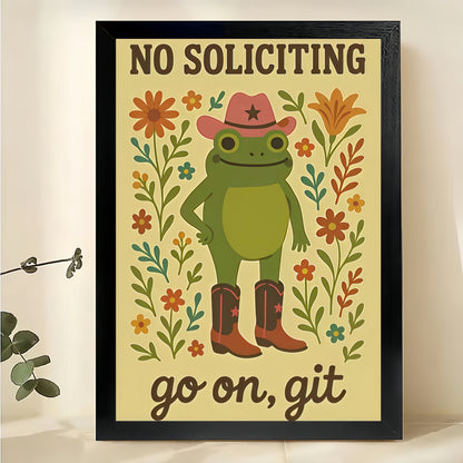 The Cowboy Frog “No Soliciting” – Rustic Playful Wall Art on Natural Wood Canvas | W611