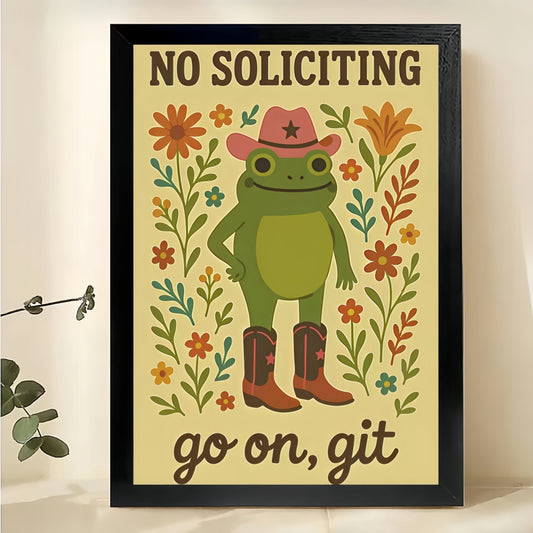 The Cowboy Frog “No Soliciting” – Rustic Playful Wall Art on Natural Wood Canvas | W611