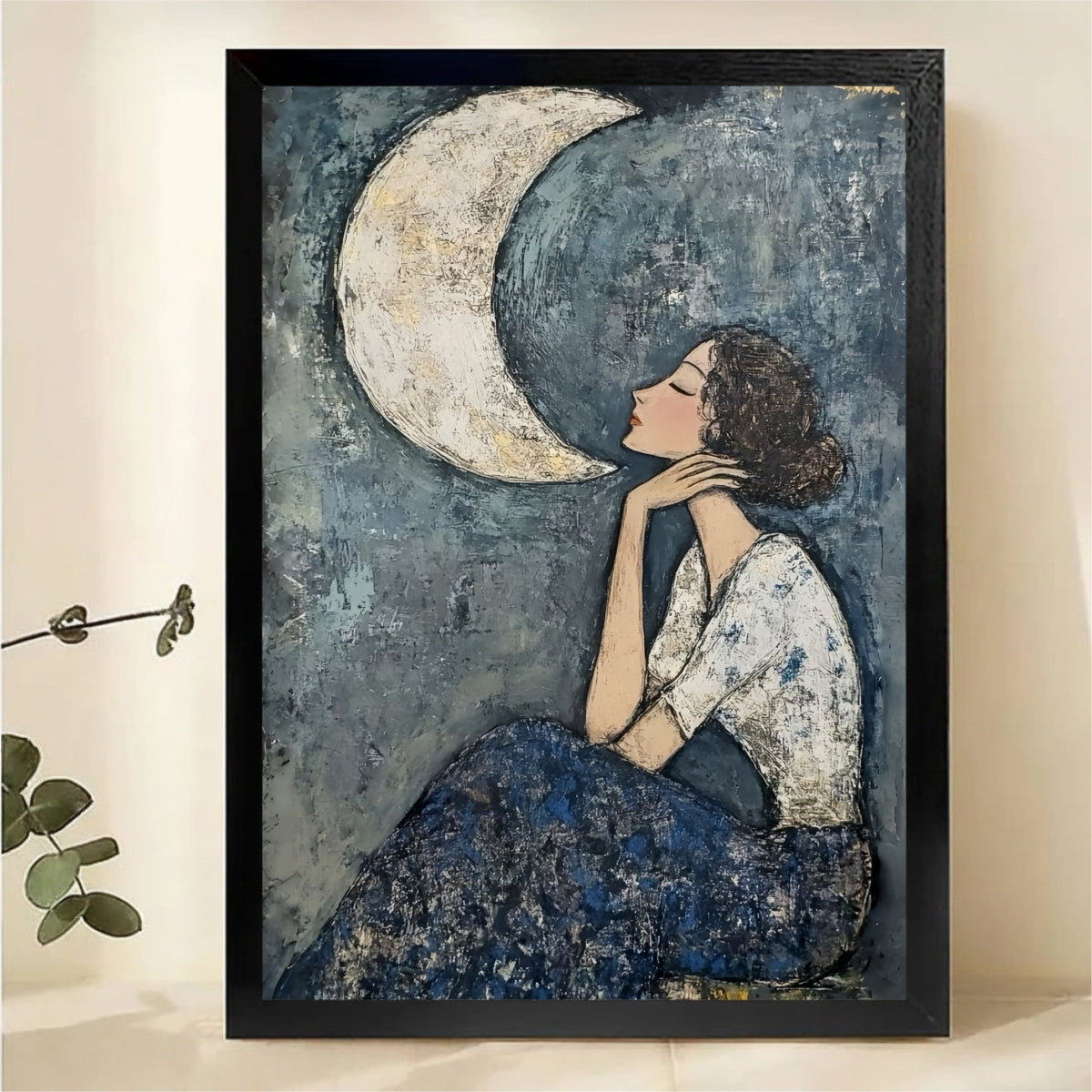 Woman and Crescent Moon Wall Art - Blue Abstract Canvas Print|W1336