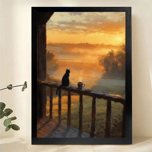 Black Cat at Sunset Bridge Wall Art – Moody Impressionist Cat Canvas Print on Natural Wood Frame | W2094