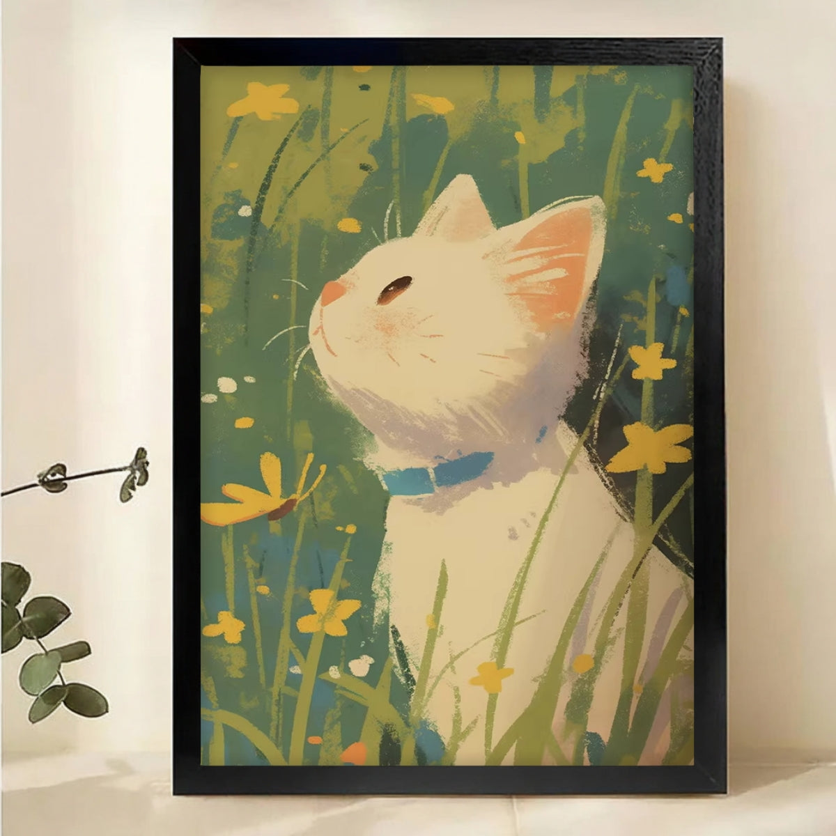 White Cat in Wildflowers Wall Art - Impressionist Canvas Print|W1130
