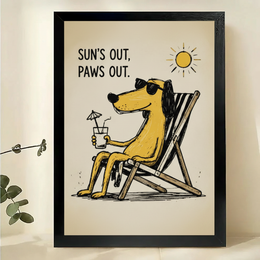 Sun's Out Paws Out Dog Wall Art – Funny Retro Dog Canvas Print on Natural Wood Frame | W2298