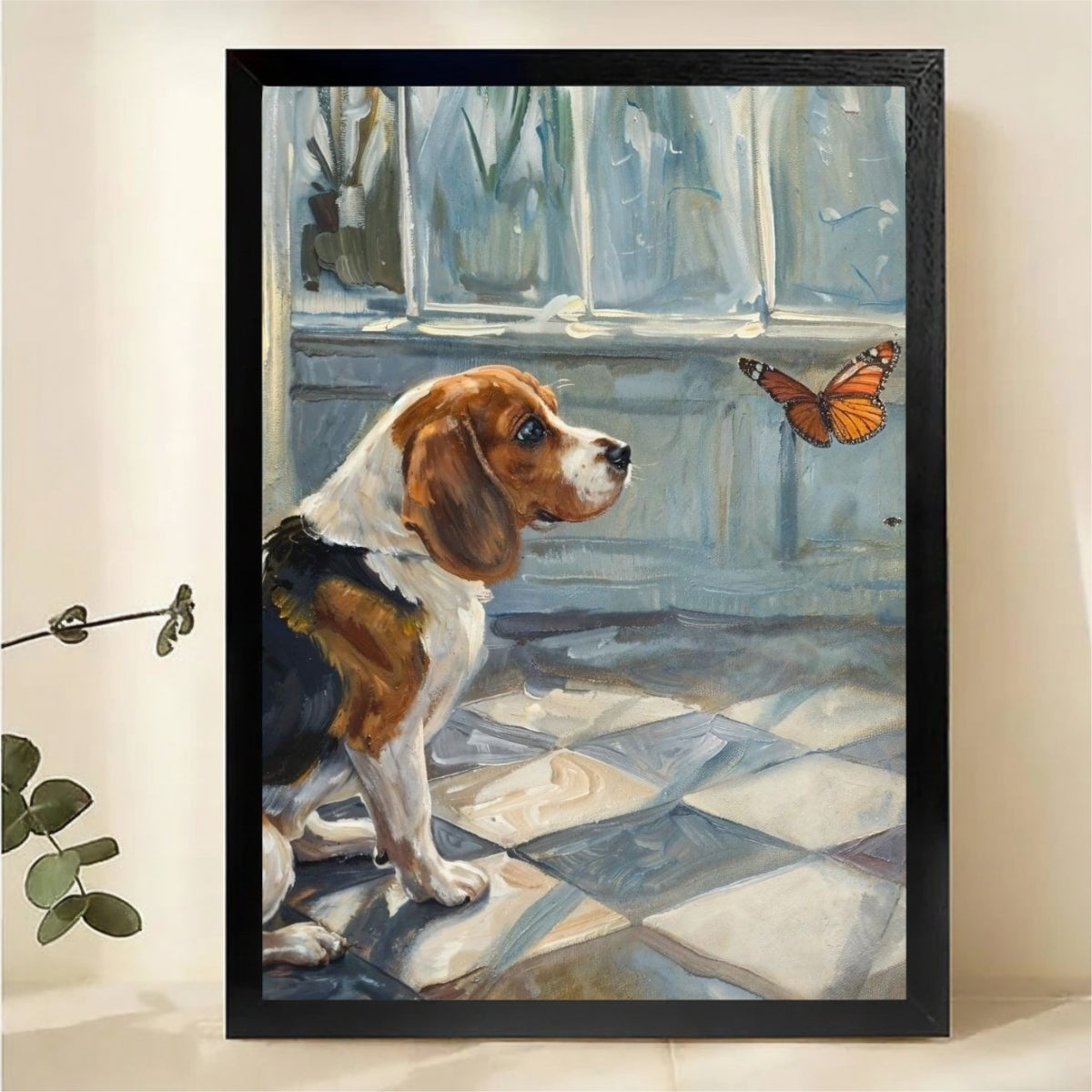 Beagle Watching Butterfly Wall Art - Classic Oil Painting Canvas Print|W1357