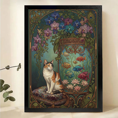 Cat and Koi Fish Art - Art Nouveau Floral Canvas Print|W1098