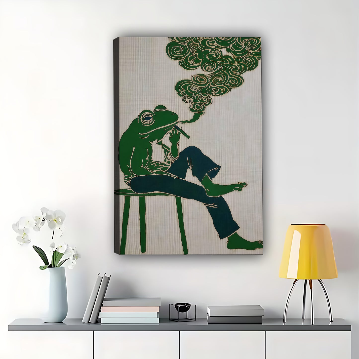The Smoking Frog – Retro Hippie Wall Art on Natural Wood Canvas | W584