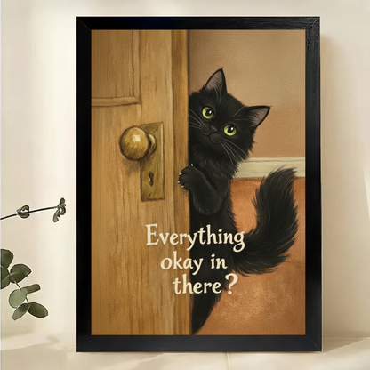 Black Cat Peeking Around the Door Wall Art – Funny Whimsical Cat Canvas Print on Natural Wood Frame | W2293