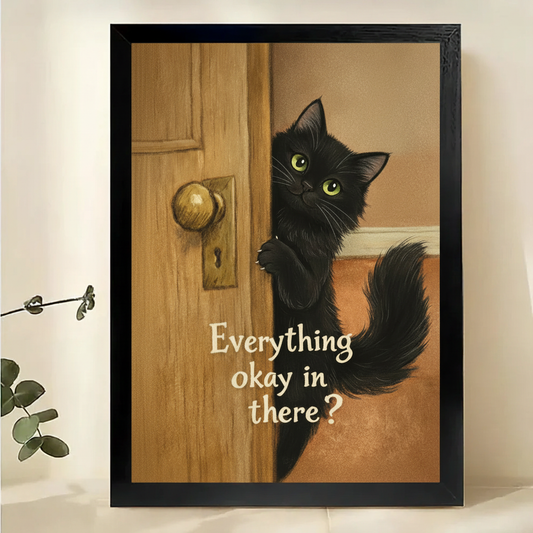 Black Cat Peeking Around the Door Wall Art – Funny Whimsical Cat Canvas Print on Natural Wood Frame | W2293