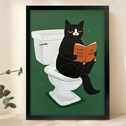 Black Cat Reading on Toilet Wall Art - Funny Bathroom Decor Print|W1148