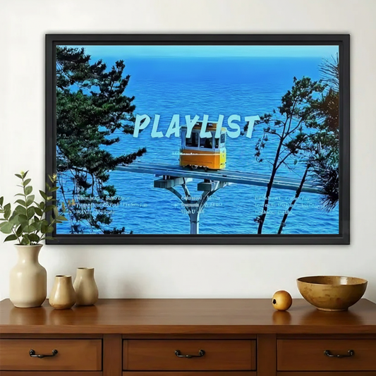 Coastal Cable Car Playlist Wall Art – Retro Y2K Travel Photo Canvas Print on Natural Wood Frame | W2203
