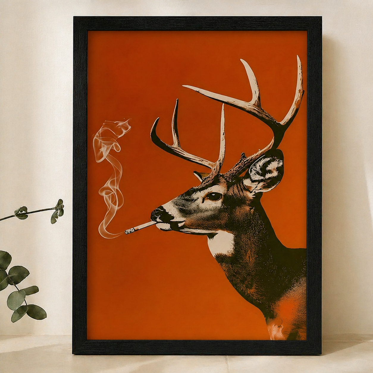 Smoking Stag Wall Art – Bold Retro Pop Art Canvas Print on Natural Wood Frame | W2168