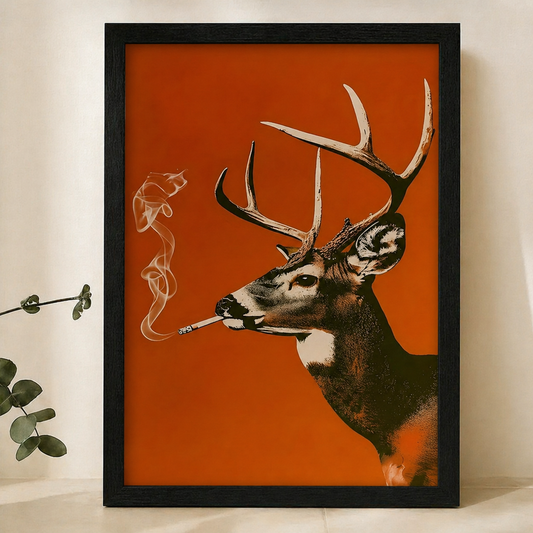 Smoking Stag Wall Art – Bold Retro Pop Art Canvas Print on Natural Wood Frame | W2168