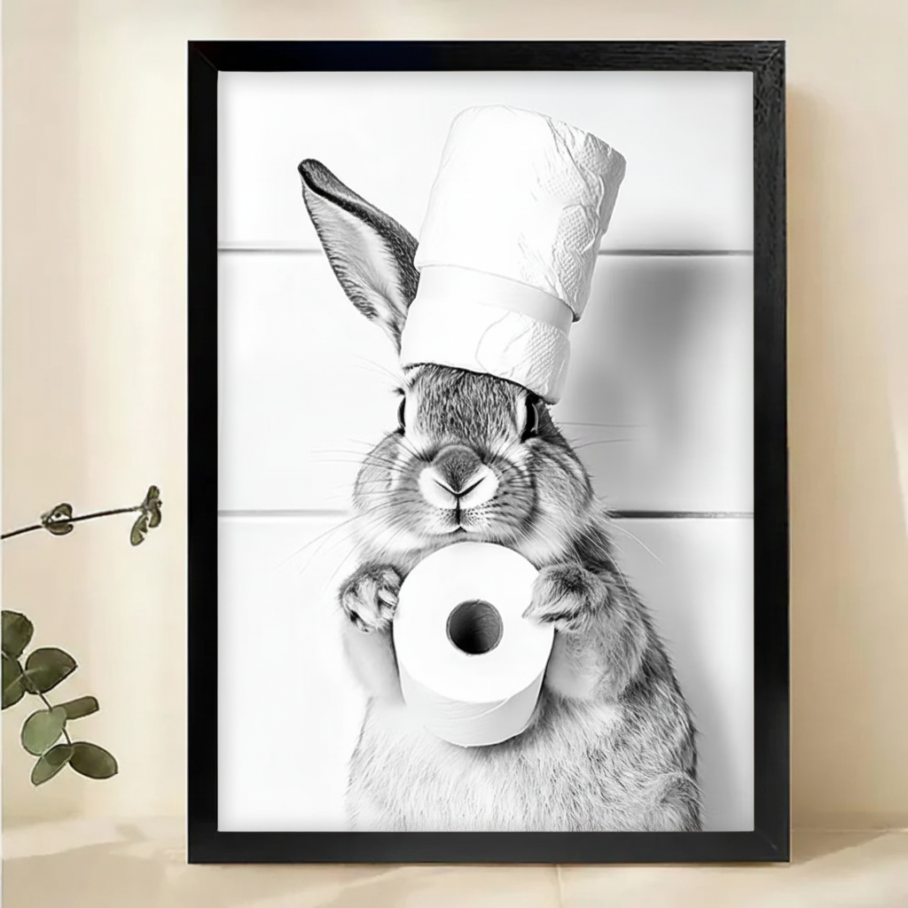 Chef Hat Bunny with Toilet Paper Wall Art – Funny Black & White Bathroom Canvas Print on Natural Wood Frame | W2135