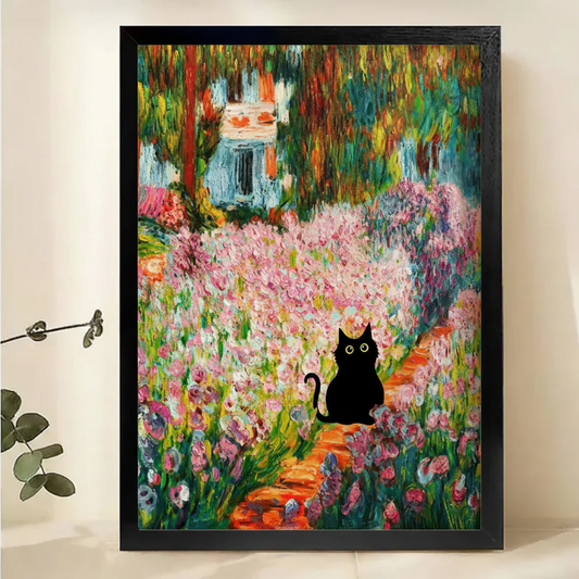 Black Cat in Monet's Garden Wall Art – Impressionist Oil Painting Canvas Print on Natural Wood Frame | W2224