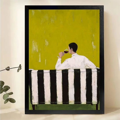 Man Drinking Red Wine on Striped Sofa Wall Art - Moody Textured Oil Painting Canvas Print|W1427