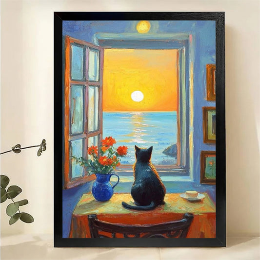 Cat Watching Sunset Wall Art - Ocean View Window Canvas Print|W1329