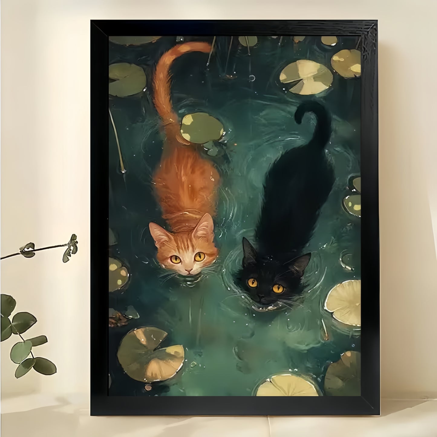 The Ink-Wash Style Playful Duo Cats – Serene Artistic Wall Art on Natural Wood Canvas | W652