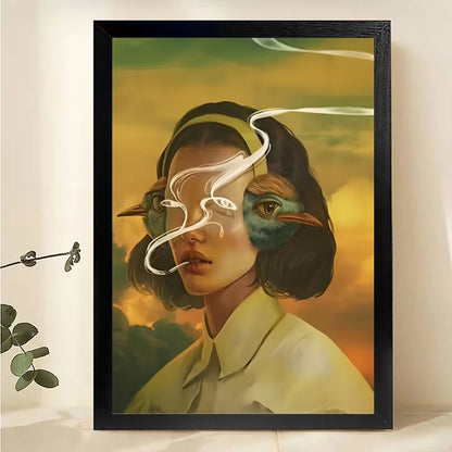 Woman Bird Fusion Art – Surreal Portrait Framed Print| W1036
