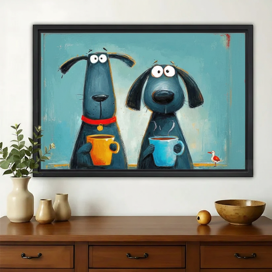 Two Dogs Having Coffee Wall Art – Funny Cartoon Canvas Print on Natural Wood Frame | W2152