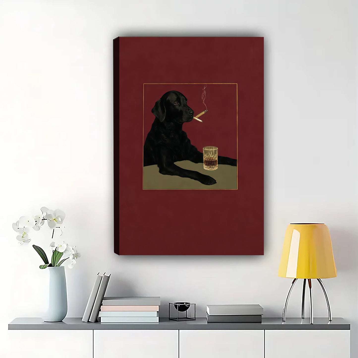 Black Dog Smoking – Retro Humorous Parody Wall Art on Natural Wood Canvas | W860