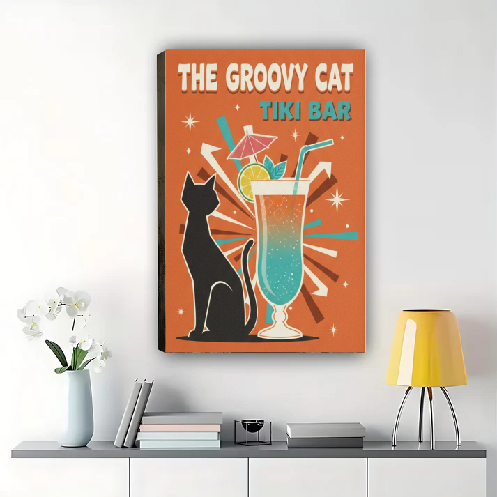 Retro Tiki Bar Cat Art - Vintage Tropical Wall Decor Print|W1005
