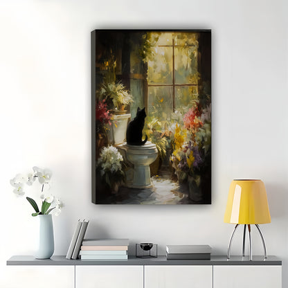 Black Cat on Toilet with Flowers – Humorous Vintage Bathroom Wall Art on Natural Wood Canvas | W962