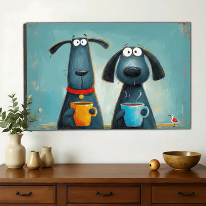 Two Dogs Having Coffee Wall Art – Funny Cartoon Canvas Print on Natural Wood Frame | W2152