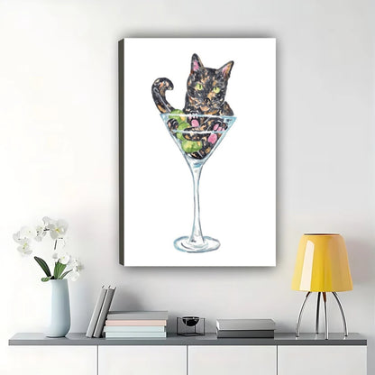 Tortoiseshell Cat in Martini – Whimsical Cocktail Cat Wall Art on Natural Wood Canvas | W2067