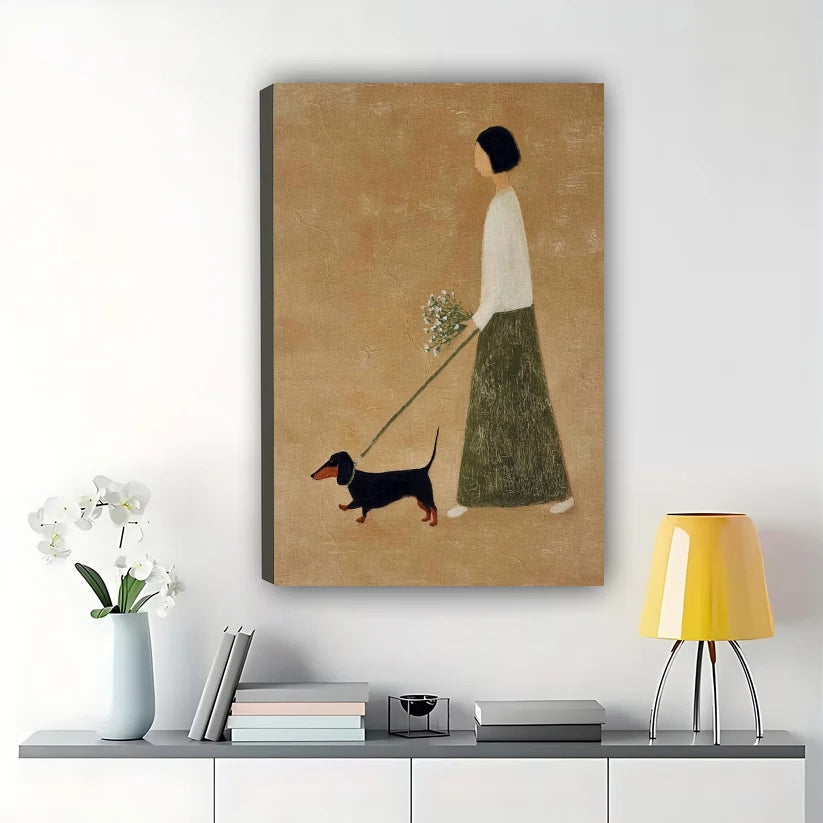 Minimalist Girl Walking Dachshund Wall Art – Warm Neutral Pet Canvas Print (Unframed Rolled Canvas) | W2108