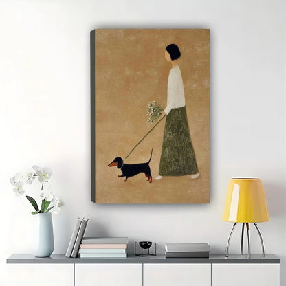 Minimalist Girl Walking Dachshund Wall Art – Warm Neutral Pet Canvas Print (Unframed Rolled Canvas) | W2108
