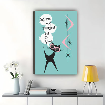 I’m Not Purrfect But I’m Original Retro Cat – Mid-Century Modern Wall Art on Natural Wood Canvas | W875