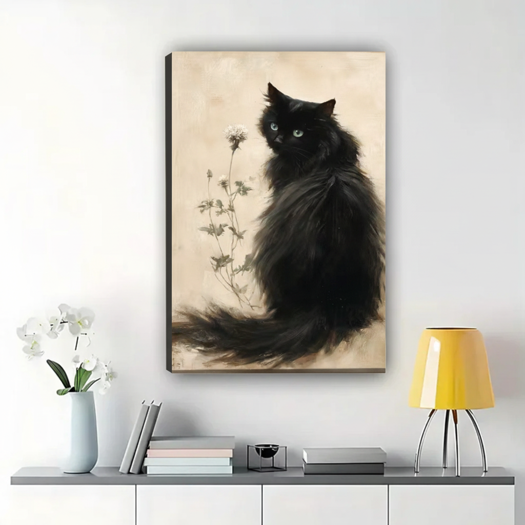 Fluffy Black Cat with Wildflowers Wall Art – Moody Vintage Oil Painting Canvas Print on Natural Wood Frame | W2144