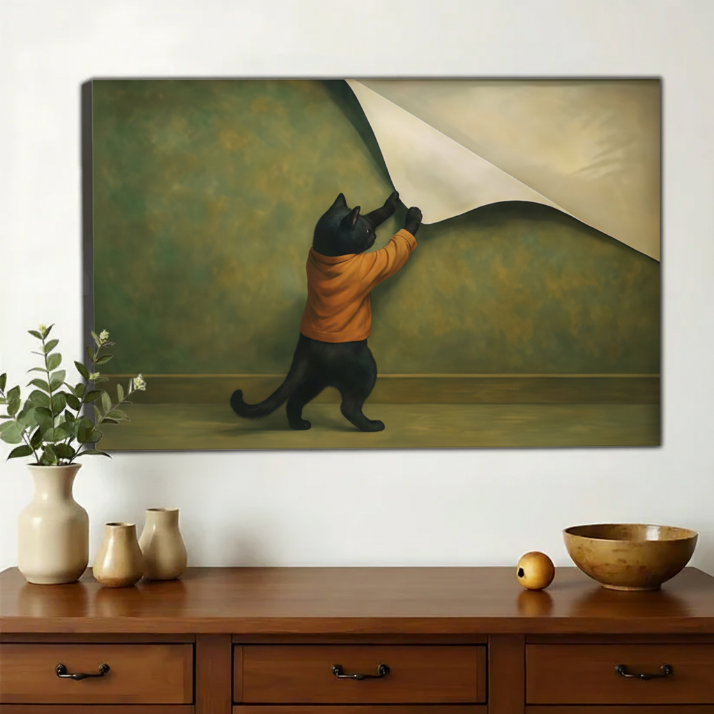 Black Cat Tearing Wall Art – Whimsical Surreal Wall Art on Natural Wood Canvas | W956