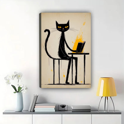 Black Cat Working on Laptop – Minimalist Office Cat Wall Art on Natural Wood Canvas | W2056