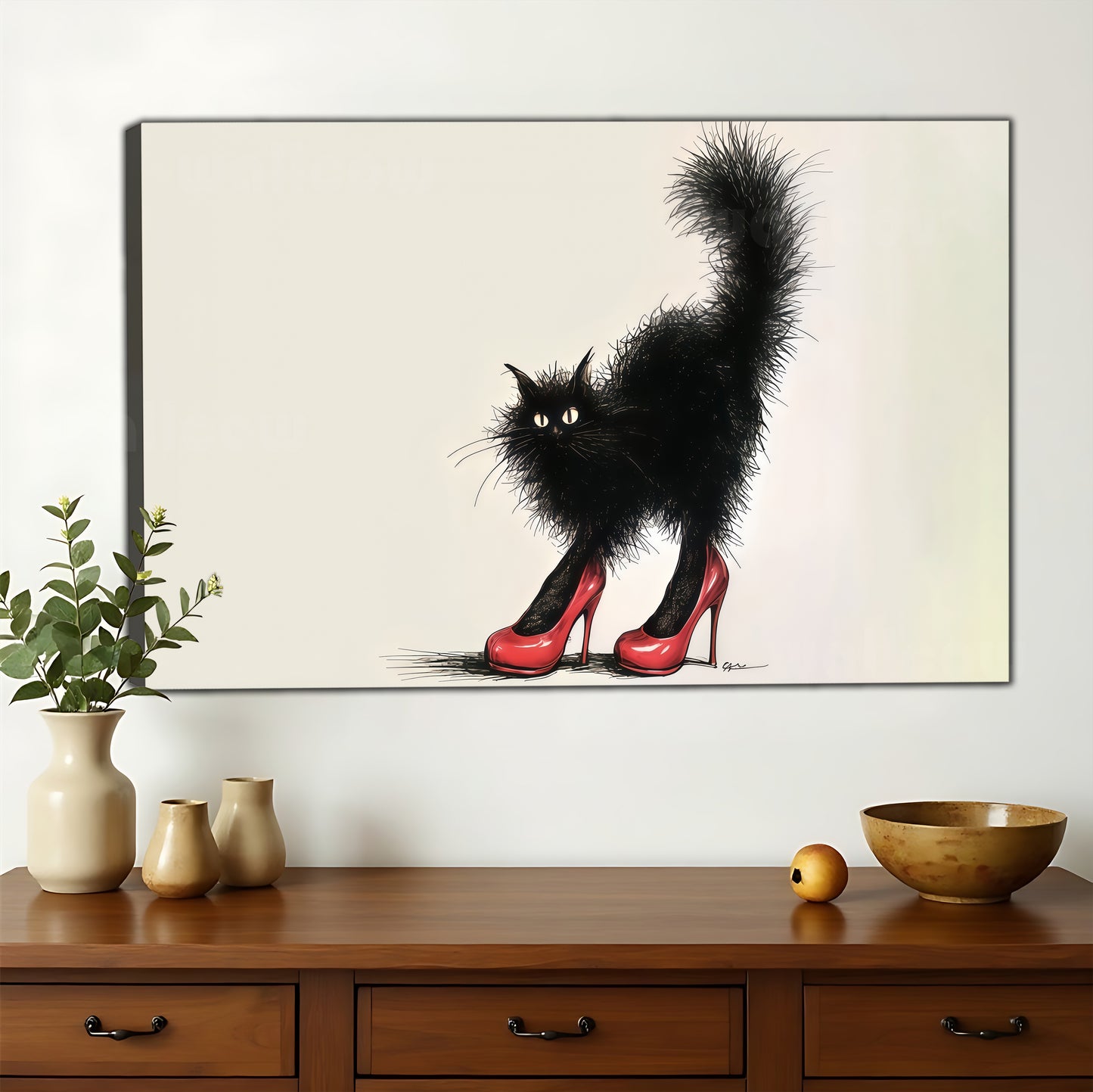 The Red-Heeled Black Cat – Retro Playful Wall Art on Natural Wood Canvas | W608