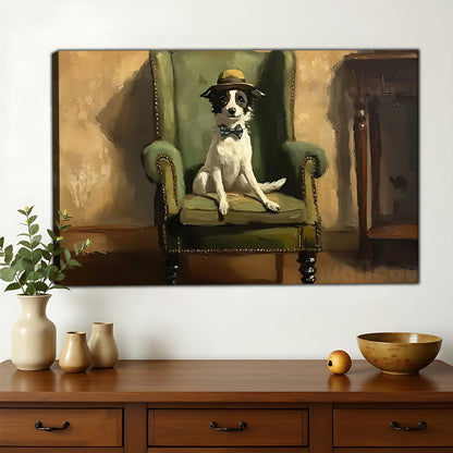 The Gentleman Pup on Green Chair – Vintage Elegant Wall Art on Natural Wood Canvas | W598