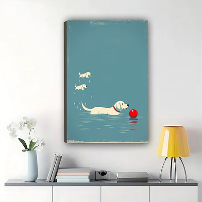 Cute Dog Playing in Swimming Pool – Minimalist Blue Background Wall Art on Natural Wood Canvas | W741