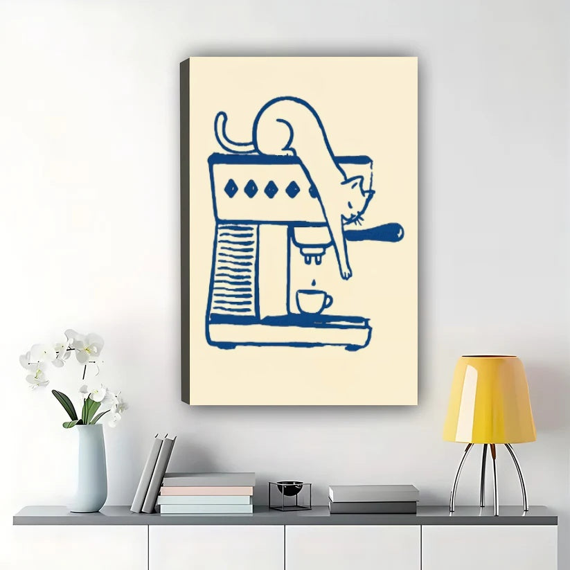 Cat on Espresso Machine – Minimalist Coffee Cat Line Art Wall Art on Natural Wood Canvas | W2062