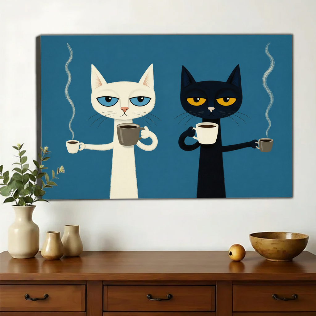 Grumpy White & Black Cats with Coffee Wall Art – Mid-Century Modern Canvas Print on Natural Wood Frame | W2237