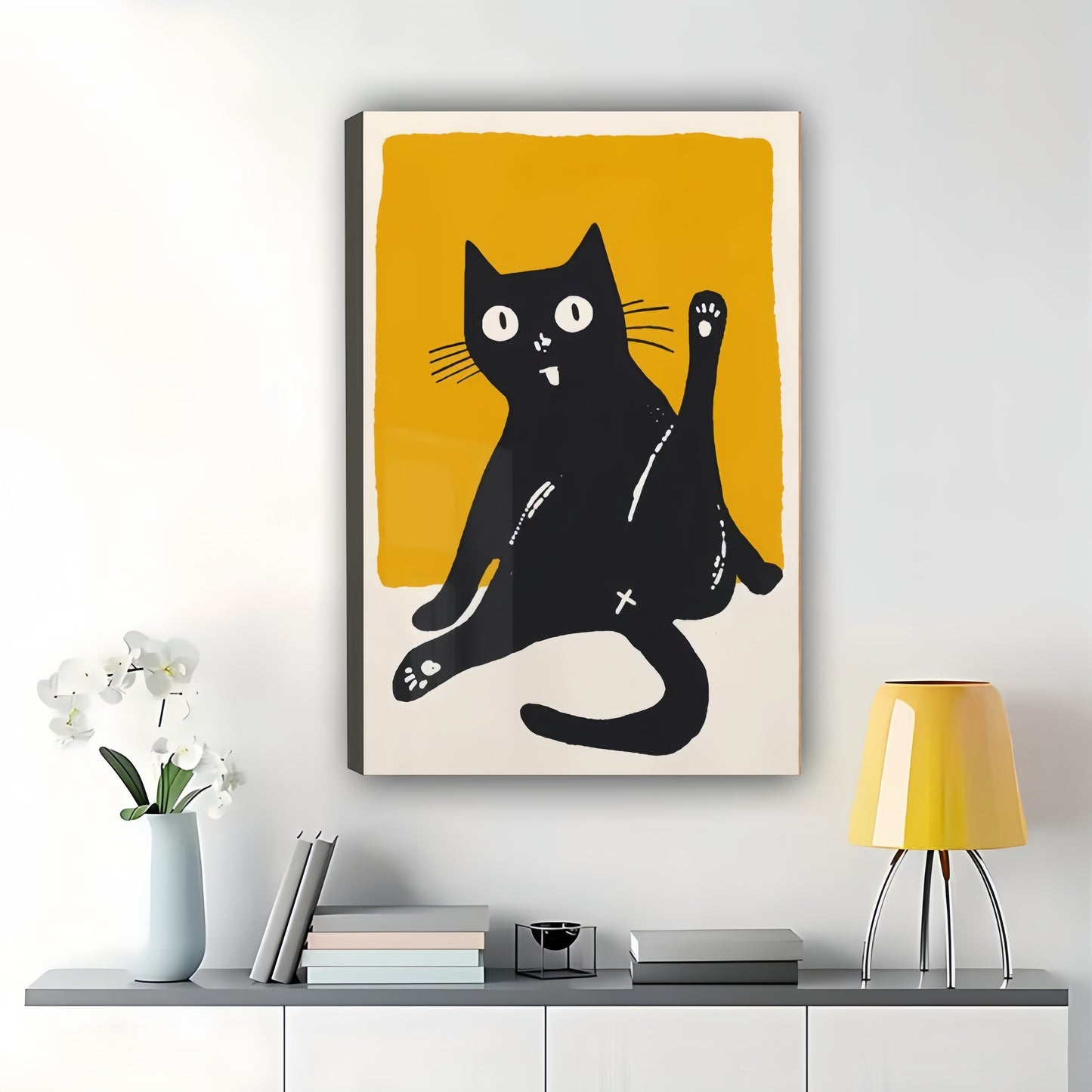 Silly Black Cat – Minimalist Mid-Century Modern Wall Art on Natural Wood Canvas | W890