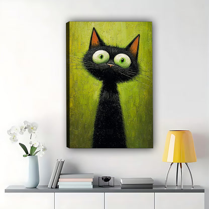 The Big-Eyed Black Cat – Cute Cartoon Wall Art on Natural Wood Canvas | W671